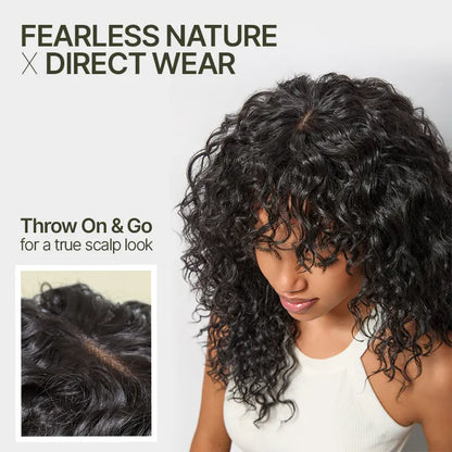 QIAWI™ Blended Human Hair Curly Wig with Bangs - Easily create voluminous, wavy curls; ready to use immediately