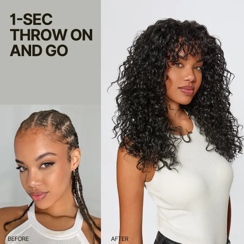 QIAWI™ Blended Human Hair Curly Wig with Bangs - Easily create voluminous, wavy curls; ready to use immediately