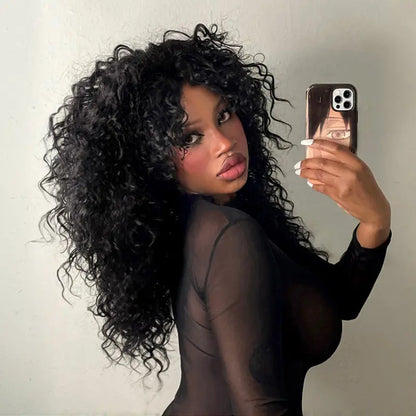 QIAWI™ Blended Human Hair Curly Wig with Bangs - Easily create voluminous, wavy curls; ready to use immediately