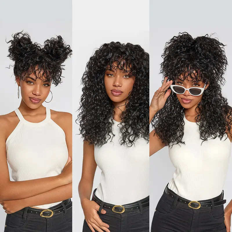 QIAWI™ Blended Human Hair Curly Wig with Bangs - Easily create voluminous, wavy curls; ready to use immediately