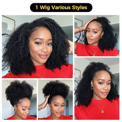Sale Happening Now:72%OFF Afro Curly Wear  Half Wig 180% 250% Density Upgrade With Drawstring Cap Invisible Hairline Human Hair Wigs Beginner Friendly